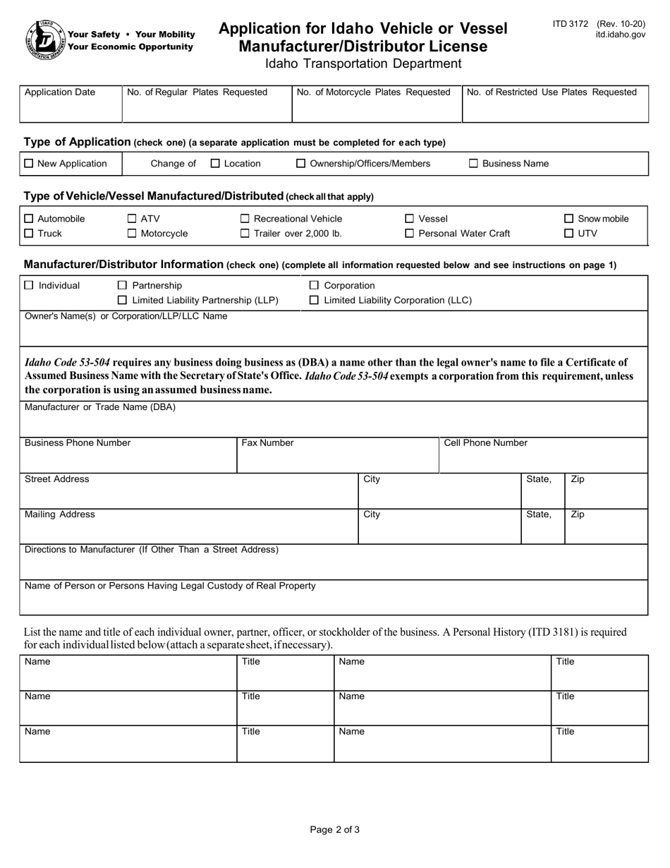 Form ITD3172 Application for Idaho Vehicle or Vessel Manufacturer / Distributor License - Idaho, Page 2
