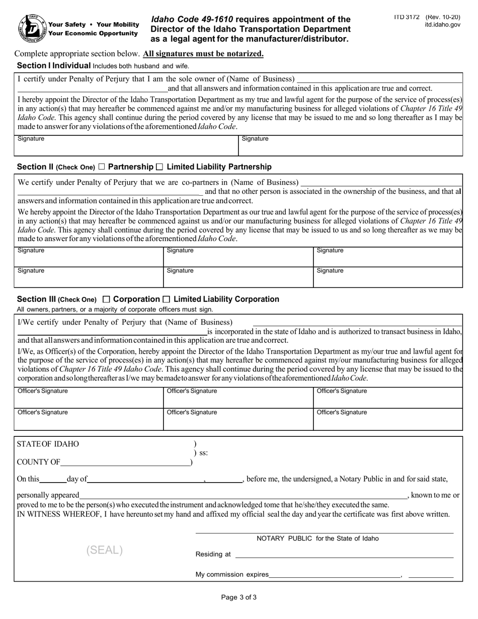 Form ITD3172 Application for Idaho Vehicle or Vessel Manufacturer / Distributor License - Idaho, Page 3