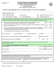 Form ITD3181 &quot;Personal History and Application for Idaho Factory Representative&quot; - Idaho
