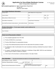 Form ITD3188 &quot;Application for Out-of-State Distributor License&quot; - Idaho