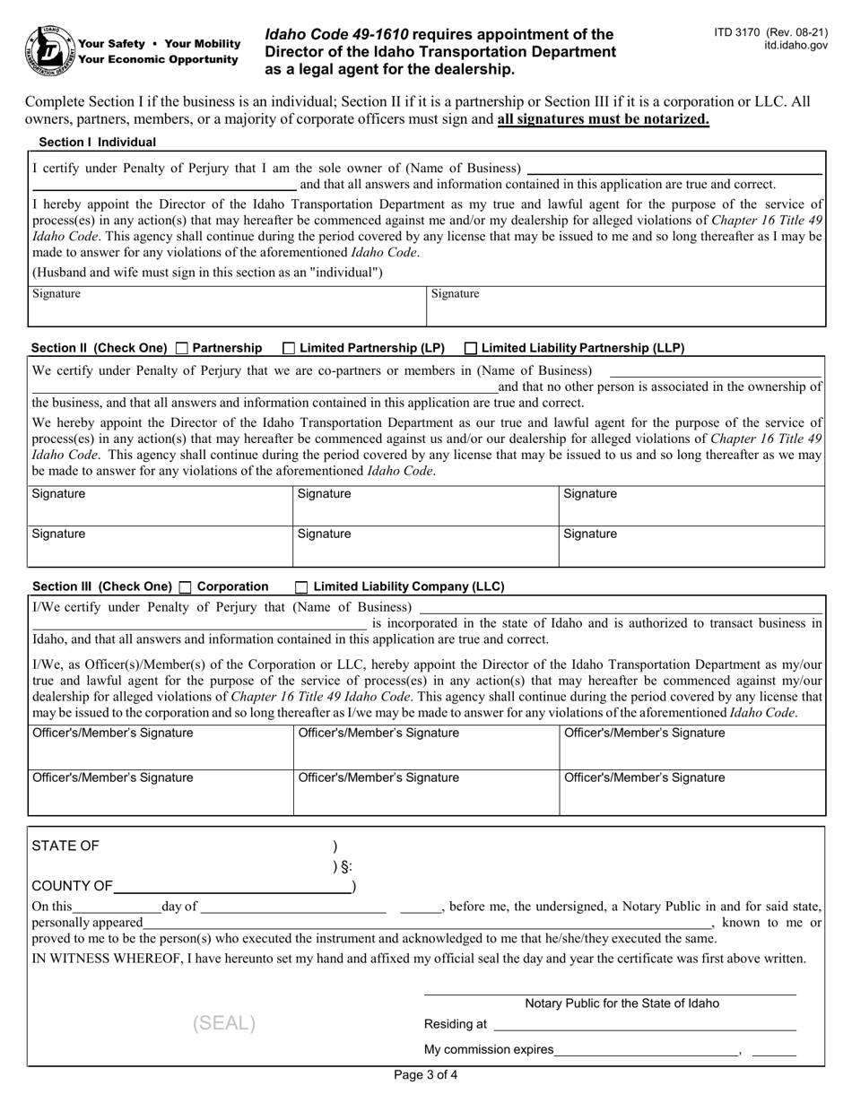 Form ITD3170 Application for Vehicle or Vessel Dealership License - Idaho, Page 3