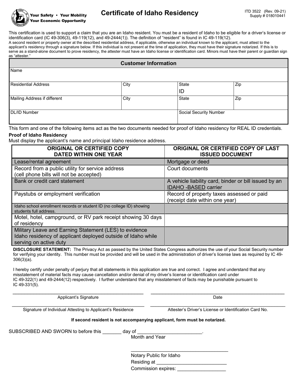 Form ITD3522 Certificate of Idaho Residency - Idaho, Page 1