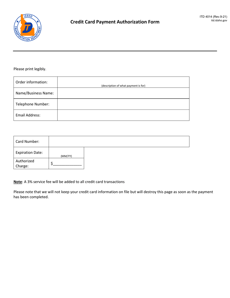 Form ITD4014 Credit Card Payment Authorization Form - Idaho, Page 1