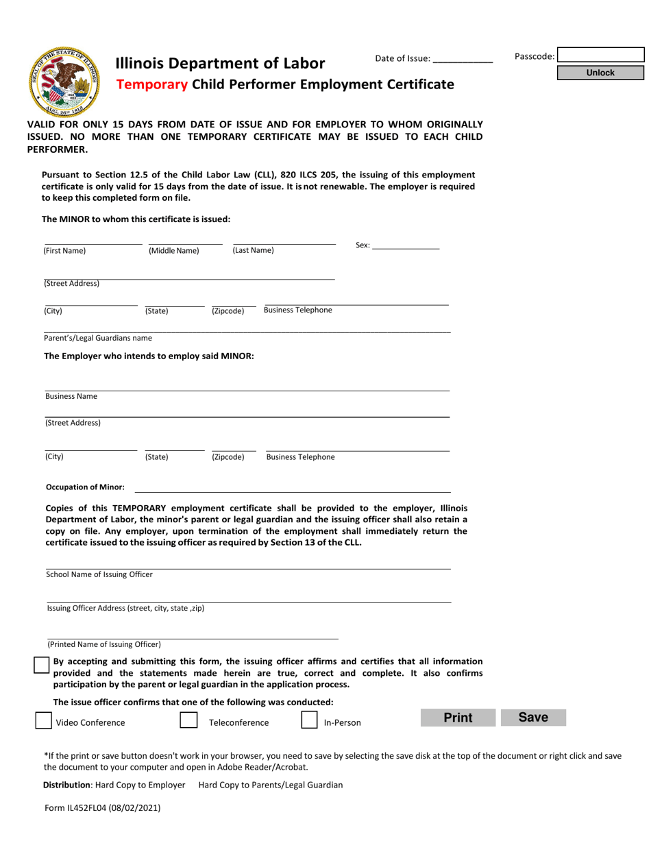 Form IL452FL04 Temporary Child Performer Employment Certificate - Illinois, Page 1
