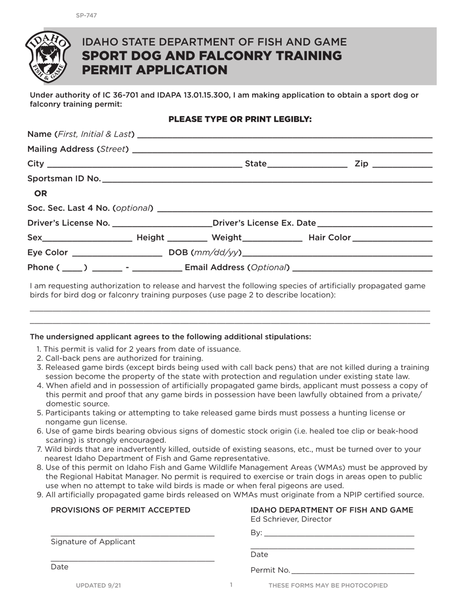 Form SP-747 Sport Dog and Falconry Training Permit Application - Idaho, Page 1