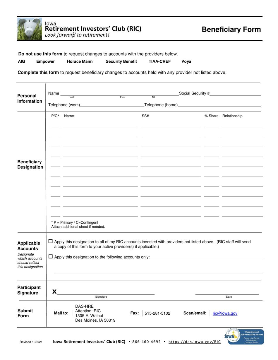 Iowa Beneficiary Form - Retirement Investors' Club (Ric) Download ...