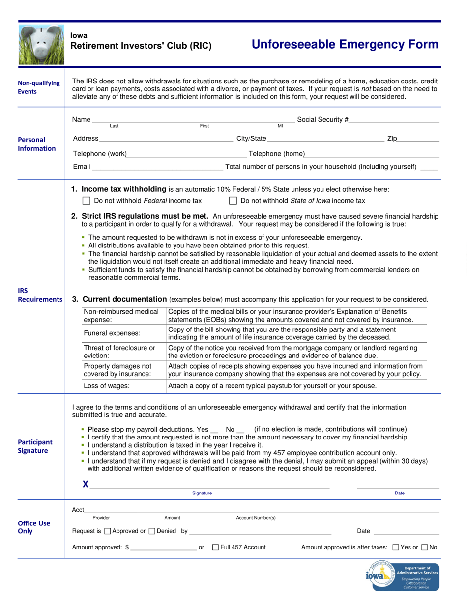 Unforeseeable Emergency Form - Retirement Investors Club (Ric) - Iowa, Page 1