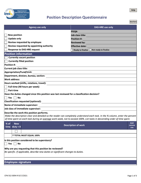 Form CFN552-0094 Position Description Questionnaire - Iowa