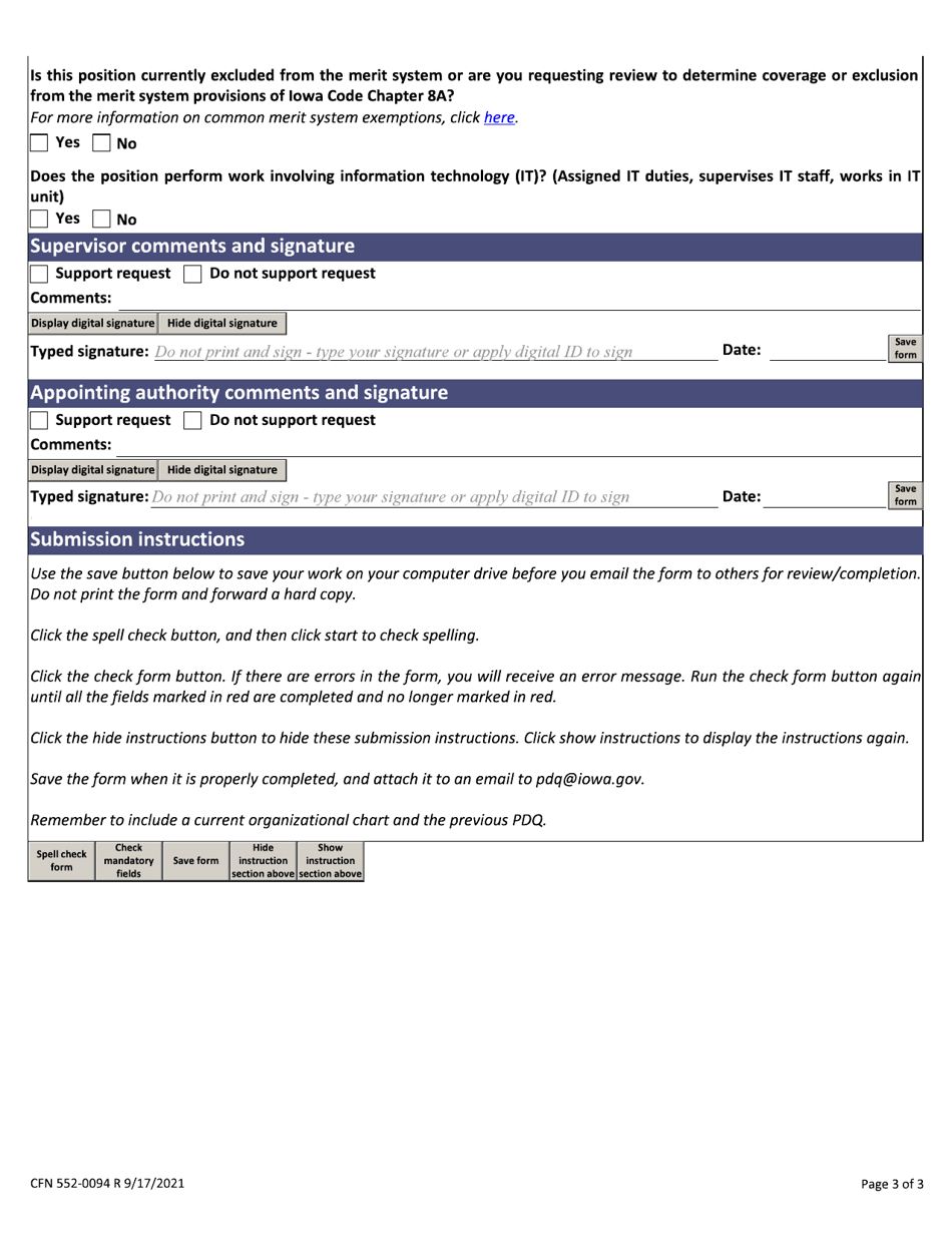 Form CFN552-0094 Position Description Questionnaire - Iowa, Page 3