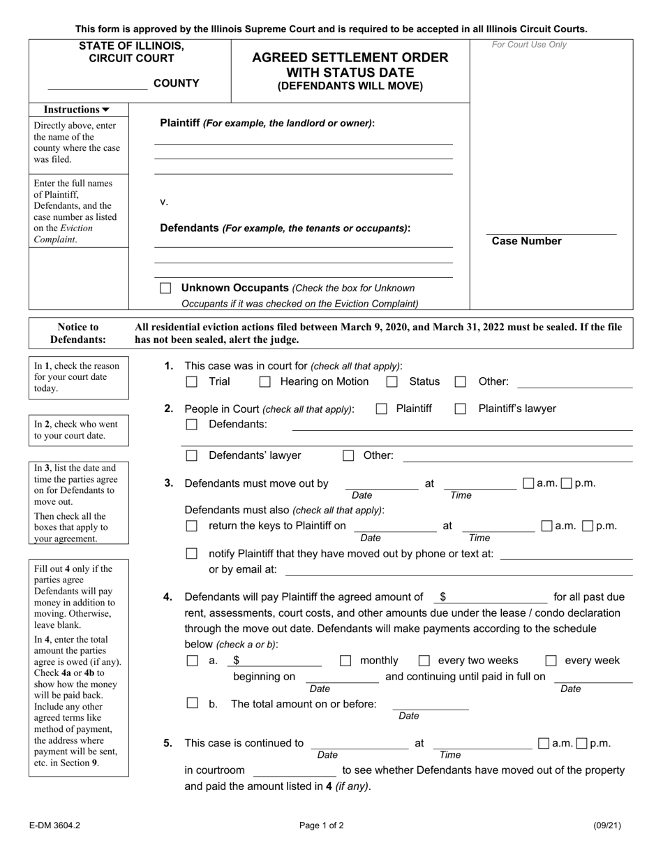 Form E-DM3604.2 Agreed Settlement Order With Status Date (Defendants Will Move) - Illinois, Page 1