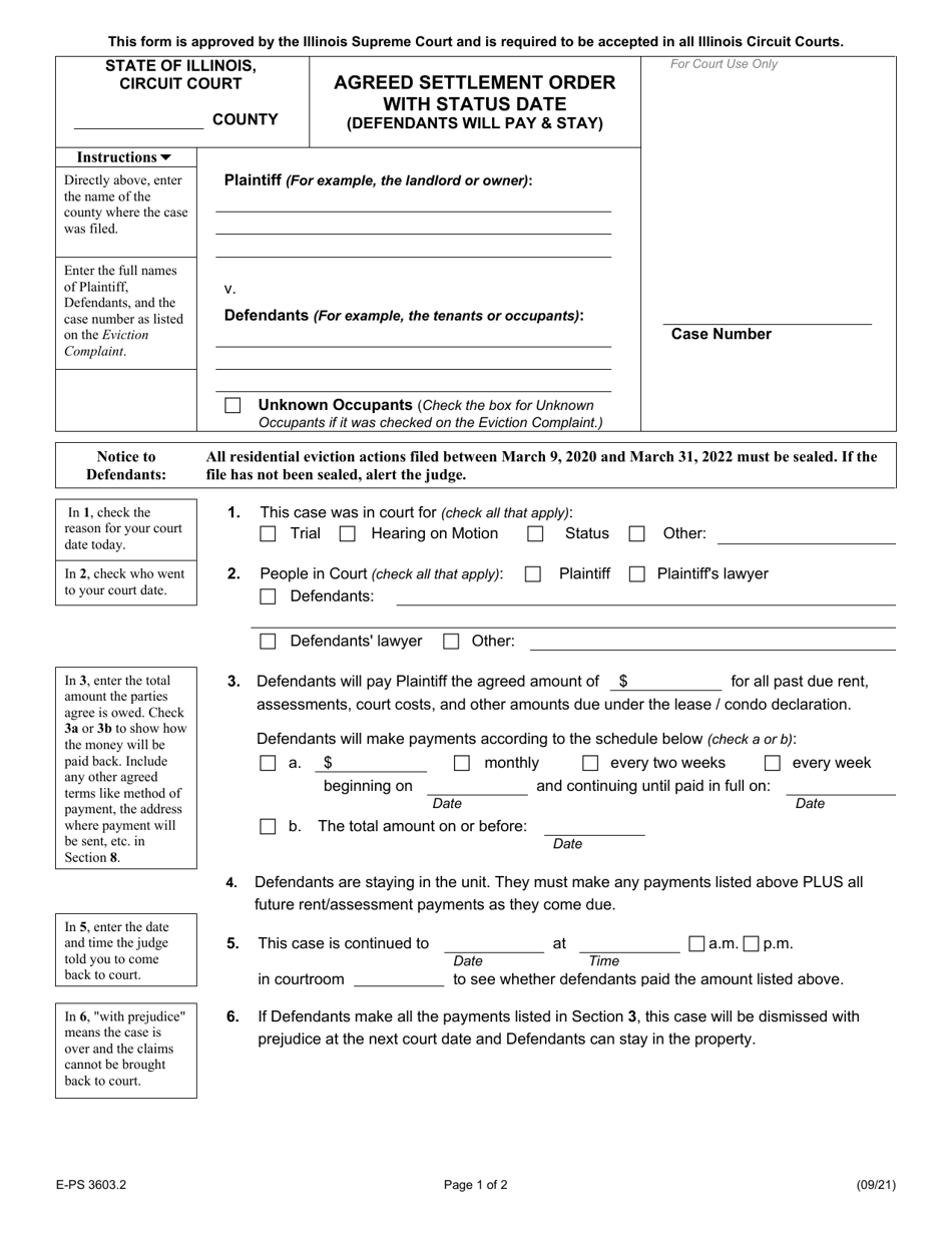 Form E-PS3603.2 Agreed Settlement Order With Status Date (Defendants Will Pay  Stay) - Illinois, Page 1