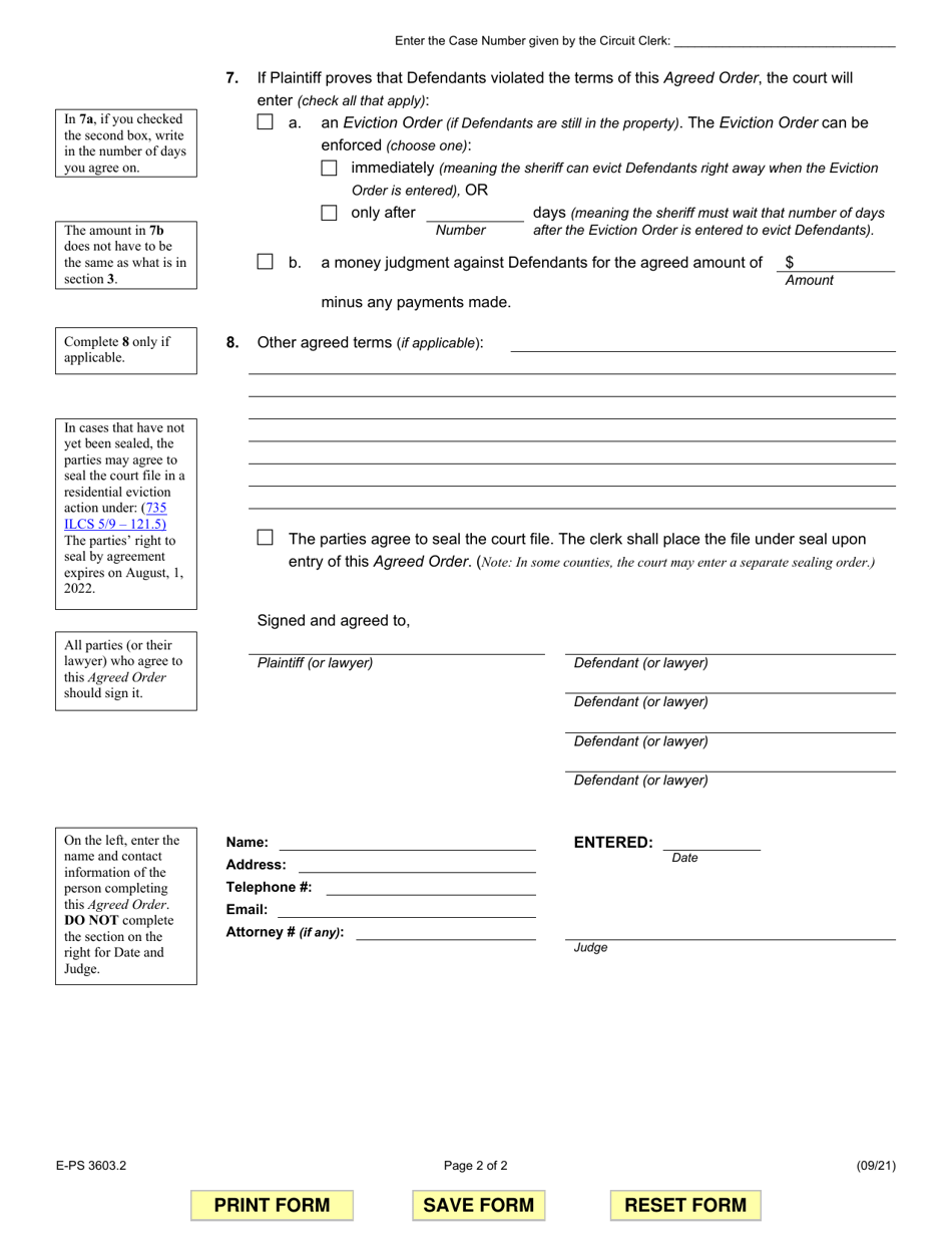 Form E-PS3603.2 Agreed Settlement Order With Status Date (Defendants Will Pay  Stay) - Illinois, Page 2