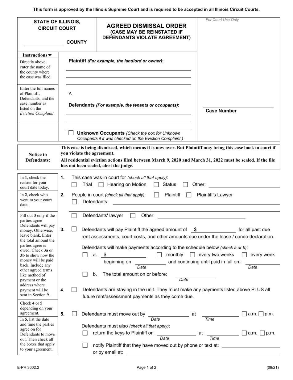 Form E-PR3602.2 Agreed Dismissal Order (Case May Be Reinstated if Defendants Violate Agreement) - Illinois, Page 1