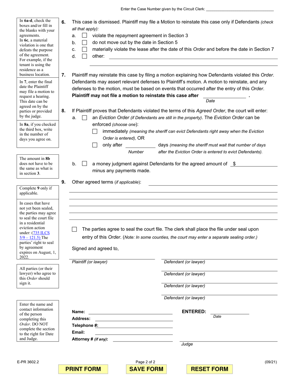 Form E-PR3602.2 Agreed Dismissal Order (Case May Be Reinstated if Defendants Violate Agreement) - Illinois, Page 2