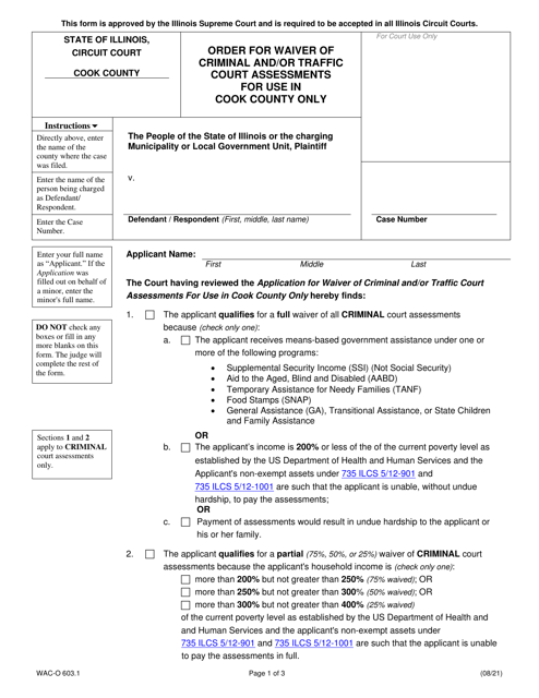 Form WAC-O603.1 Order for Waiver of Criminal and/or Traffic Court Assessments for Use in Cook County Only - Cook County, Illinois