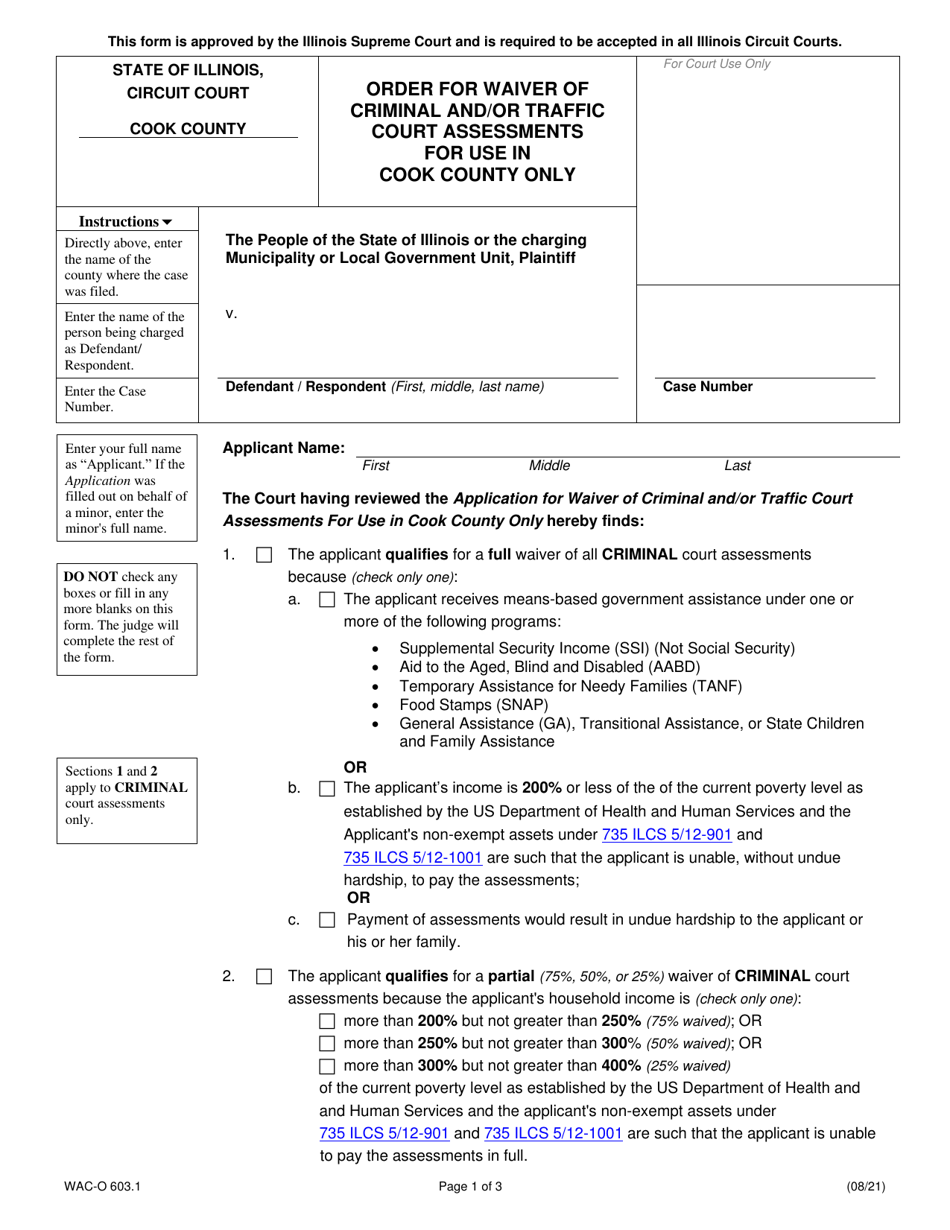 Form WAC-O603.1 Order for Waiver of Criminal and / or Traffic Court Assessments for Use in Cook County Only - Cook County, Illinois, Page 1