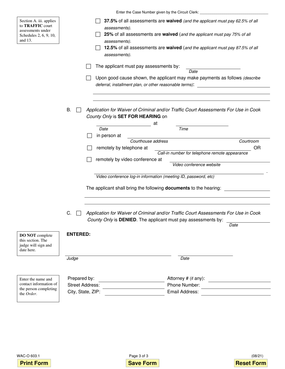 Form WAC-O603.1 Order for Waiver of Criminal and / or Traffic Court Assessments for Use in Cook County Only - Cook County, Illinois, Page 3
