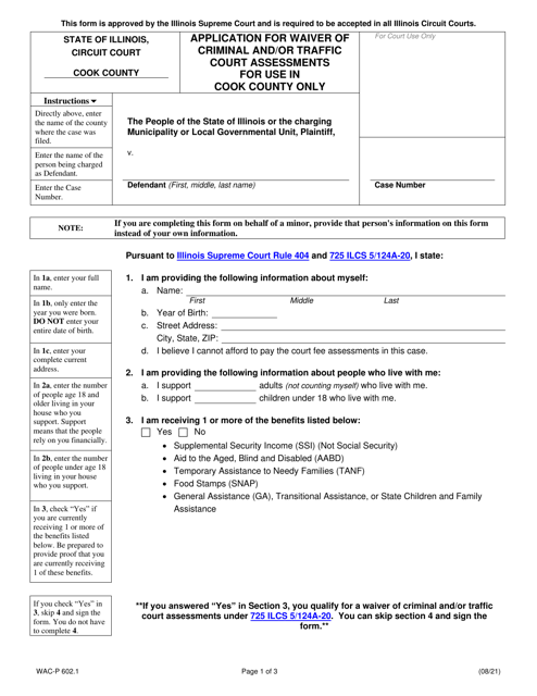 Form WAC-P602.1 Application for Waiver of Criminal and/or Traffic Court Assessments - Cook County, Illinois