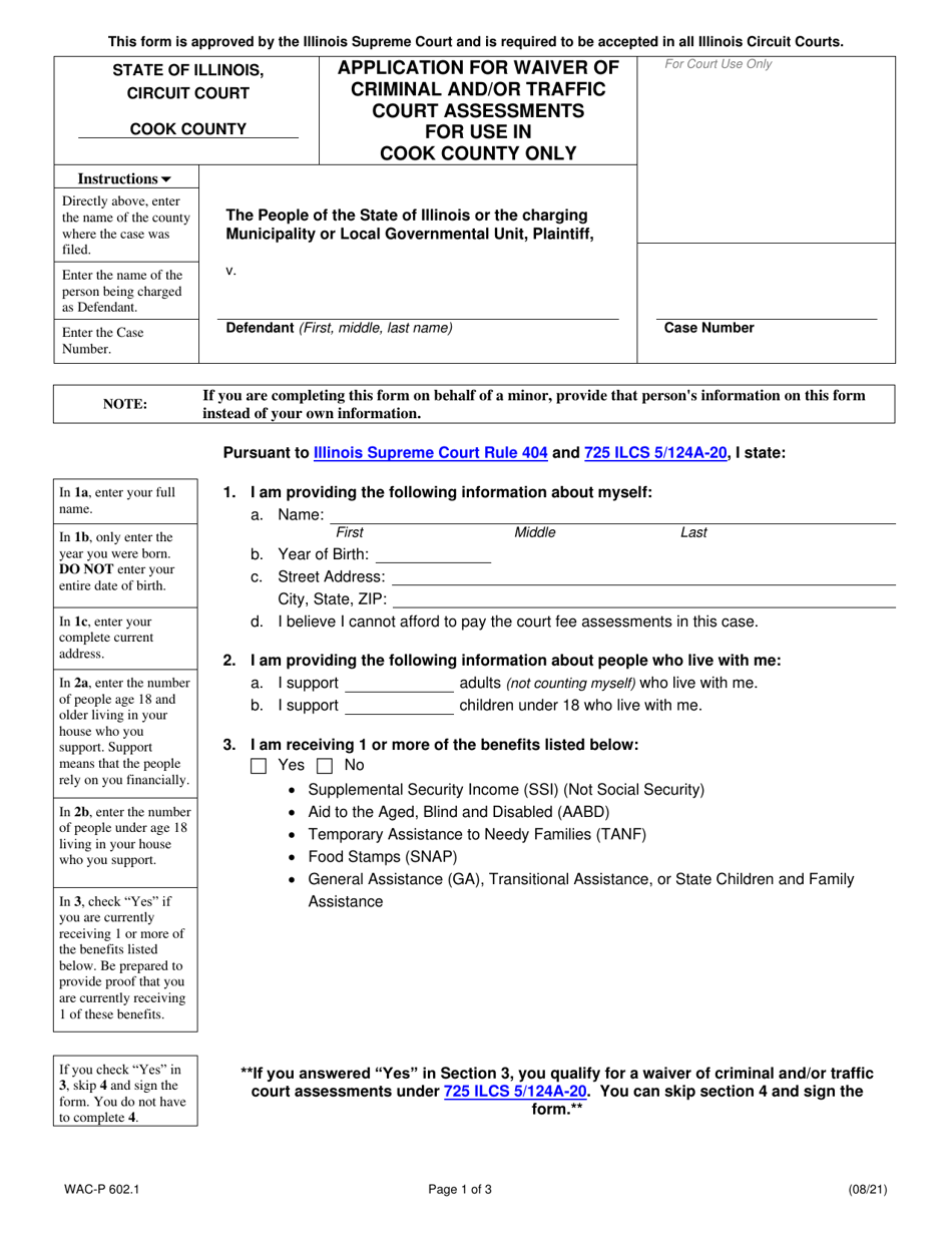 Form WAC-P602.1 Application for Waiver of Criminal and / or Traffic Court Assessments - Cook County, Illinois, Page 1