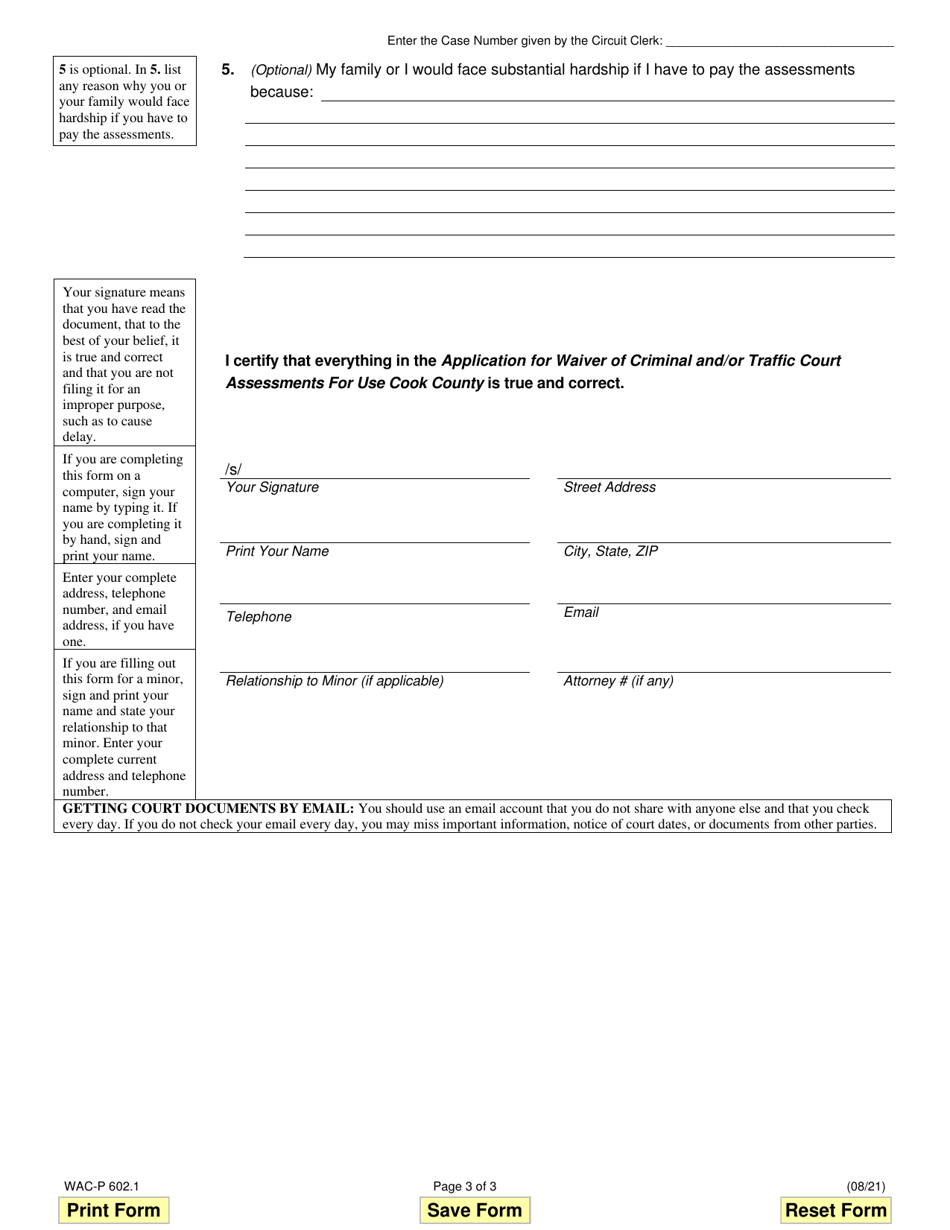 Form WAC-P602.1 Application for Waiver of Criminal and / or Traffic Court Assessments - Cook County, Illinois, Page 3