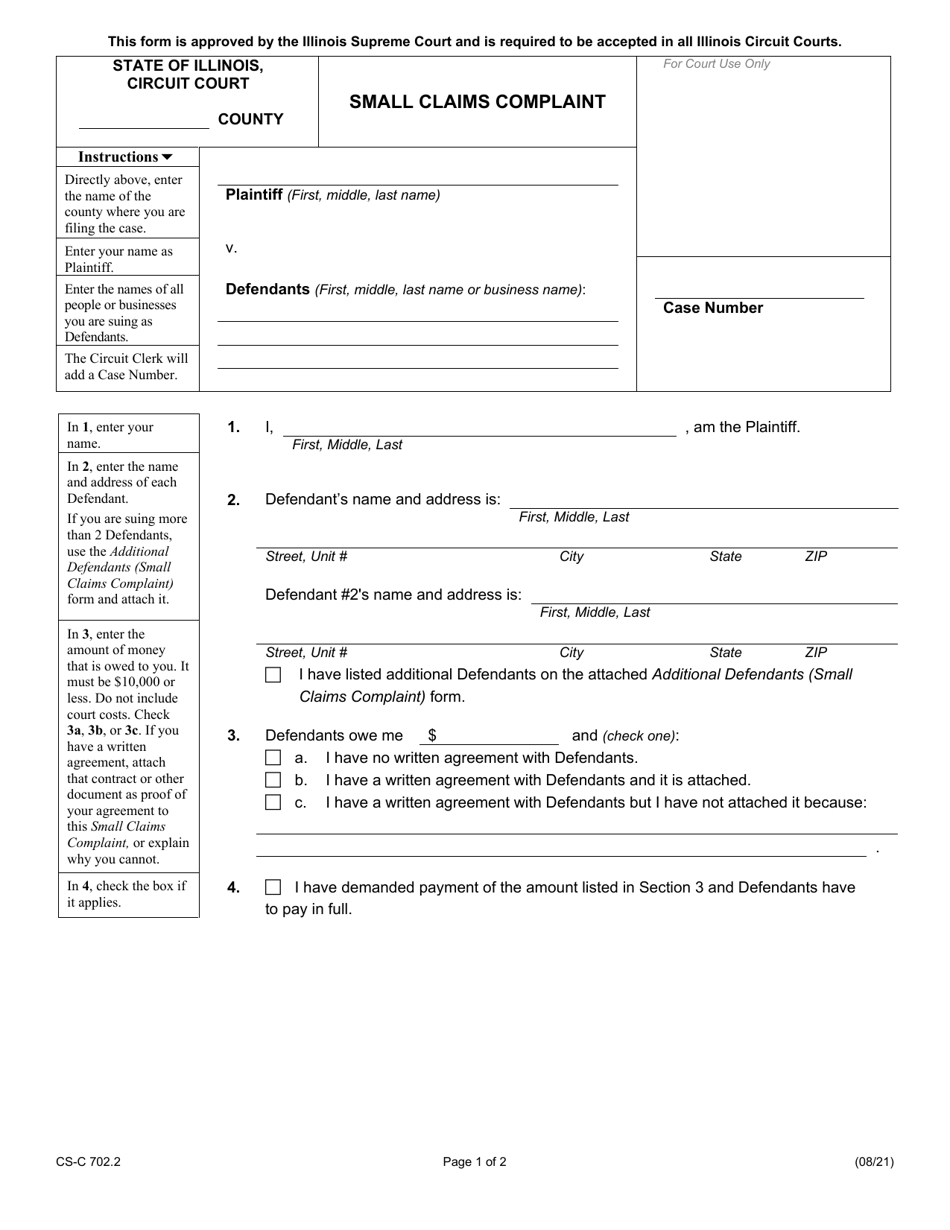 Form CS-C702.2 Small Claims Complaint - Illinois, Page 1