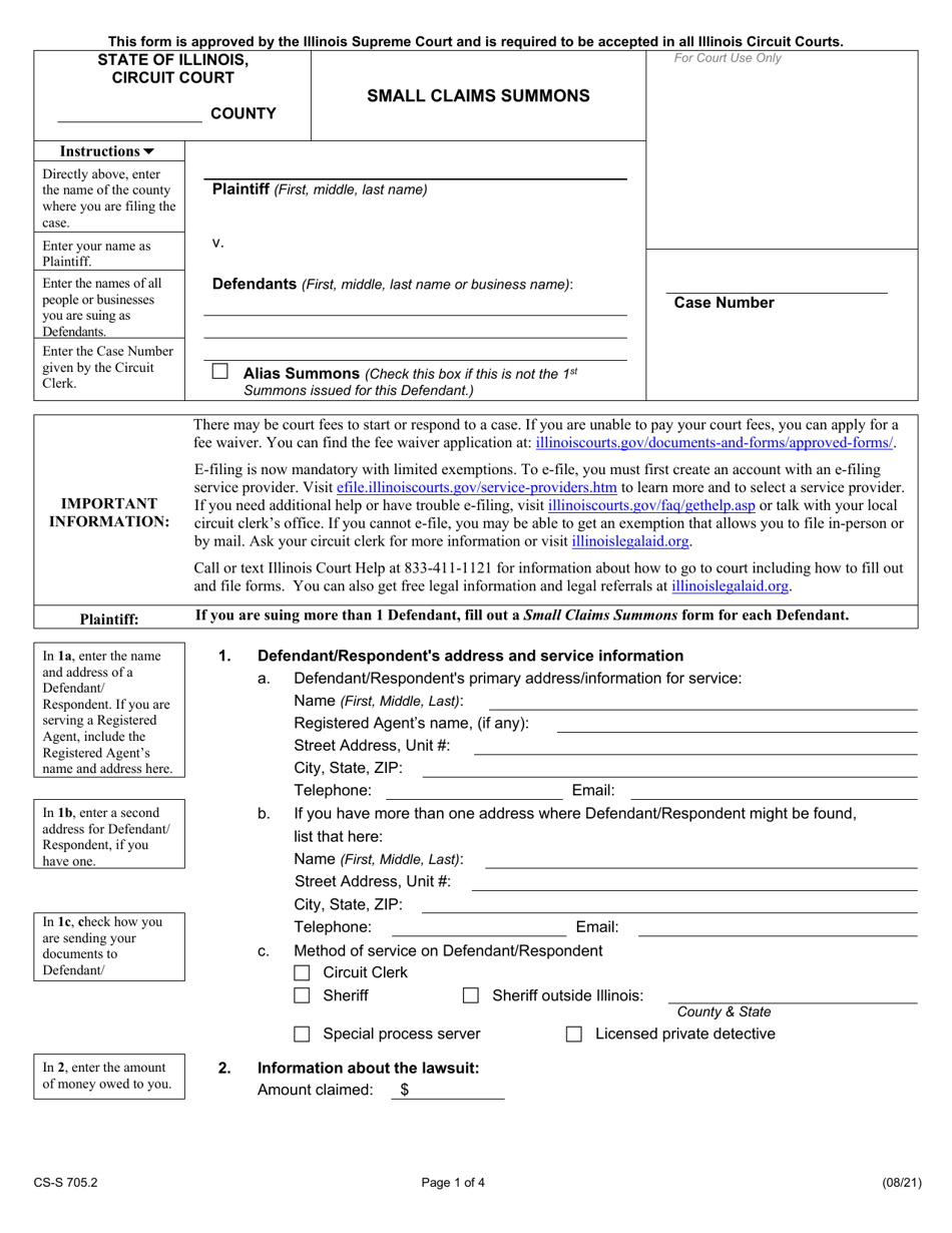 Form CS-S705.2 Small Claims Summons - Illinois, Page 1