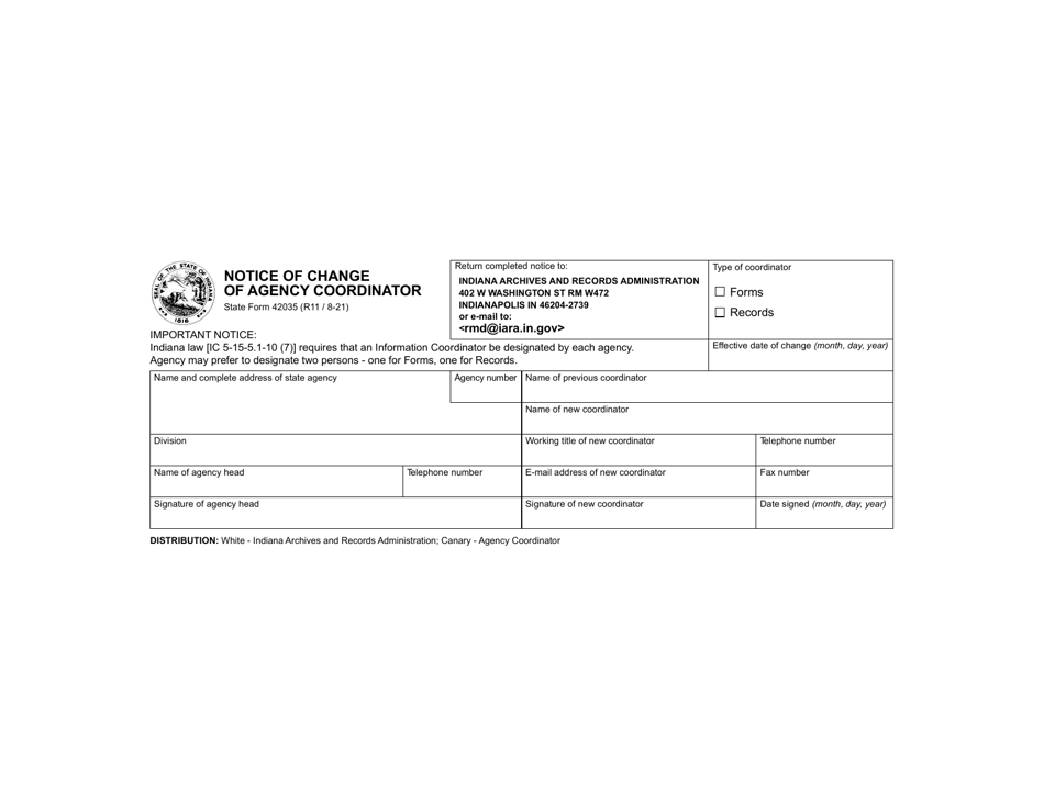 State Form 42035 Notice of Change of Agency Coordinator - Indiana, Page 1