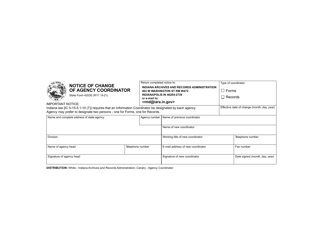 State Form 42035 Notice of Change of Agency Coordinator - Indiana