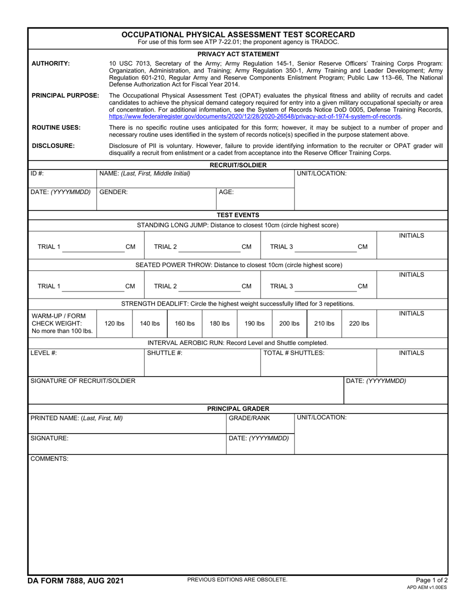 DA Form 7888 Download Fillable PDF Or Fill Online Occupational Physical