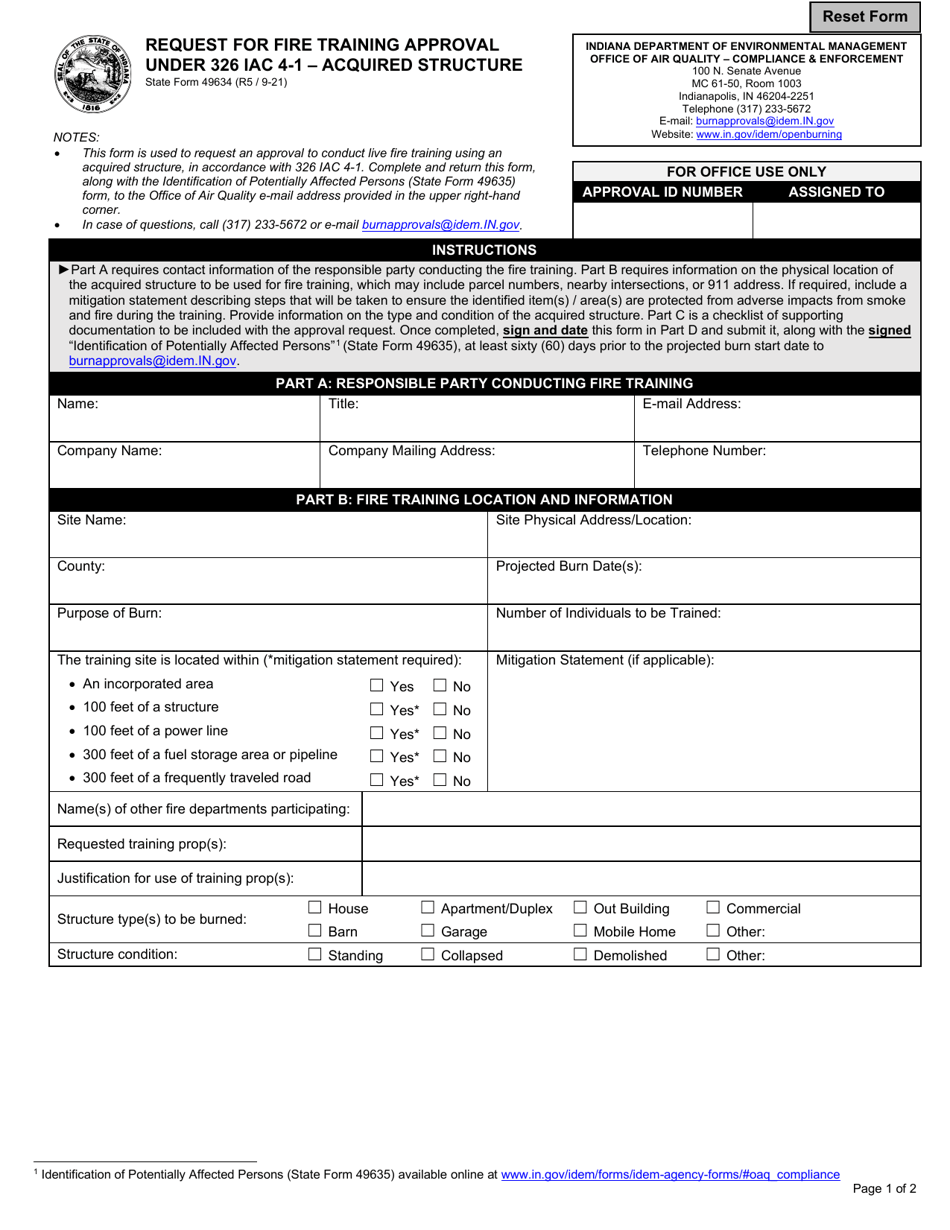 State Form 49634 Request for Fire Training Approval Under 326 Iac 4-1 - Acquired Structure - Indiana, Page 1