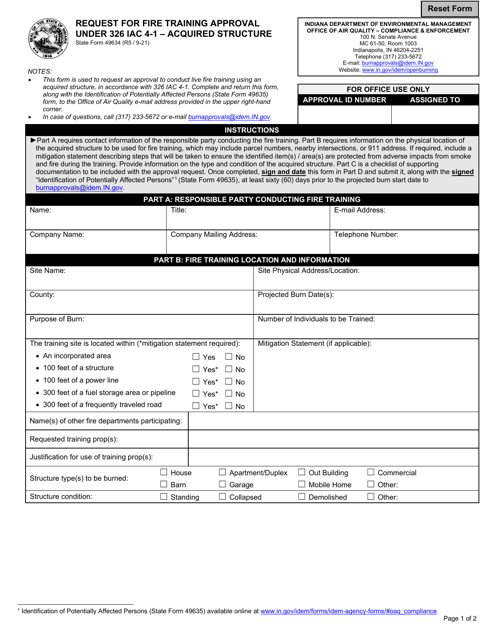 State Form 49634 Request for Fire Training Approval Under 326 Iac 4-1 - Acquired Structure - Indiana