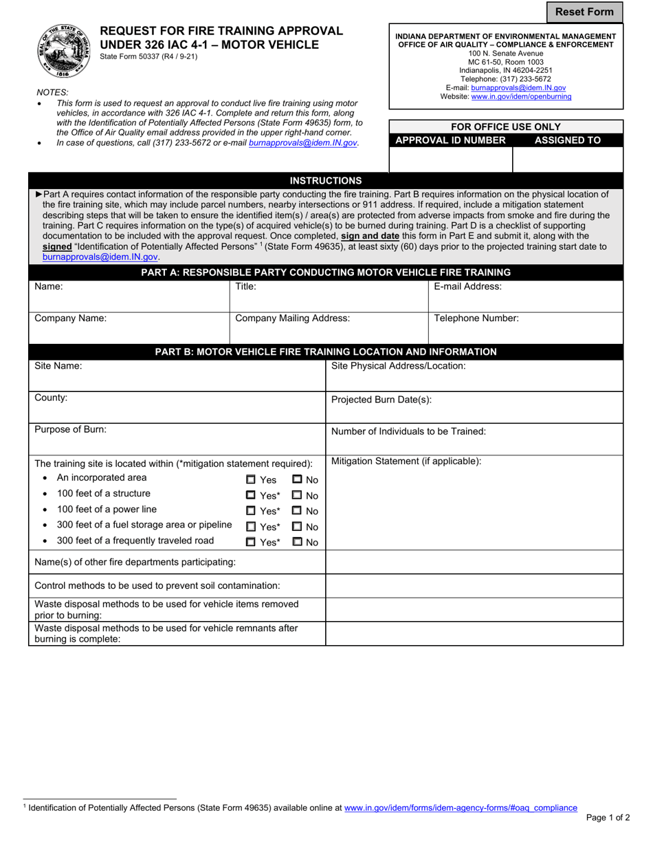 State Form 50337 Request for Fire Training Approval Under 326 Iac 4-1 - Motor Vehicle - Indiana, Page 1