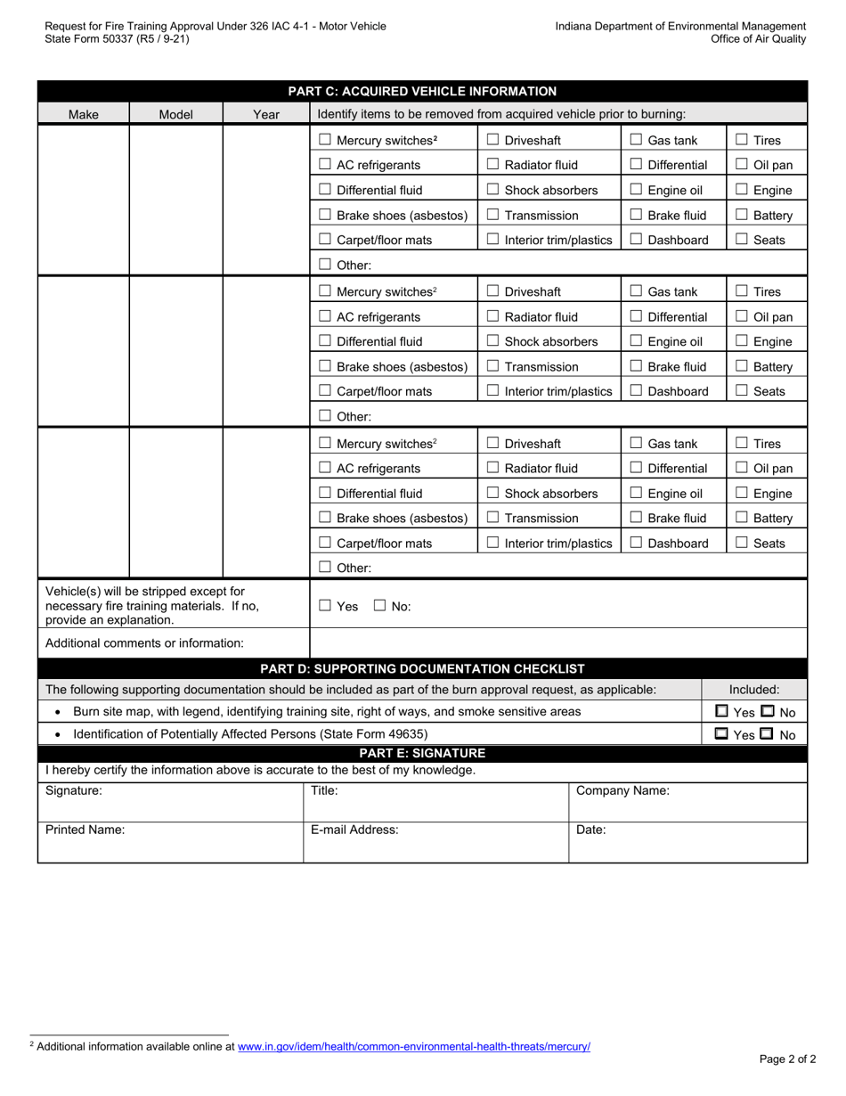 State Form 50337 Request for Fire Training Approval Under 326 Iac 4-1 - Motor Vehicle - Indiana, Page 2