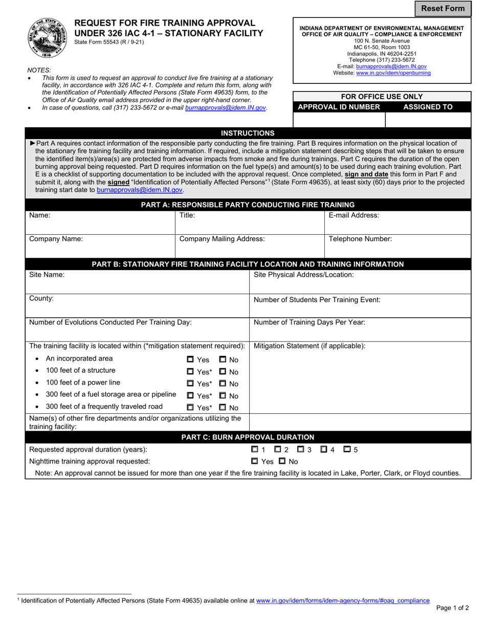 State Form 55543 Request for Fire Training Approval Under 326 Iac 4-1 - Stationary Facility - Indiana, Page 1