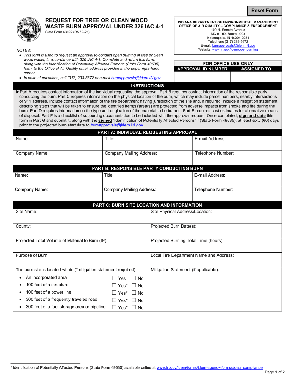 State Form 43692 Request for Tree or Clean Wood Waste Burn Approval Under 326 Iac 4-1 - Indiana, Page 1
