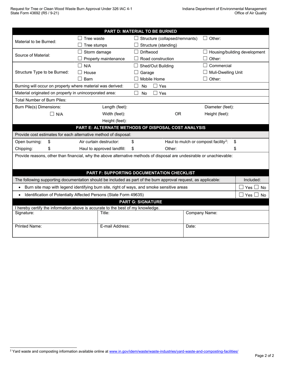 State Form 43692 Request for Tree or Clean Wood Waste Burn Approval Under 326 Iac 4-1 - Indiana, Page 2