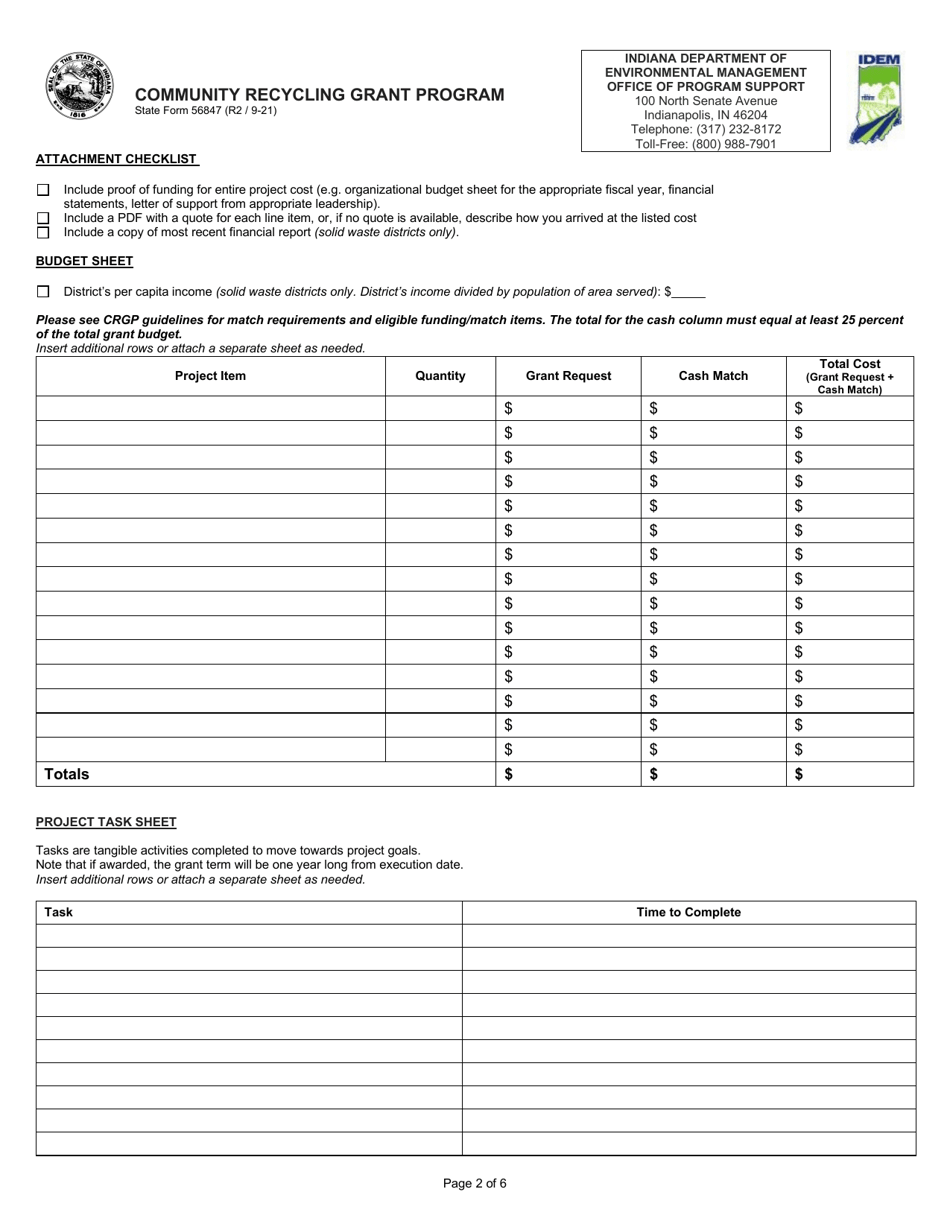 State Form 56847 Community Recycling Grant Program Application - Indiana, Page 2