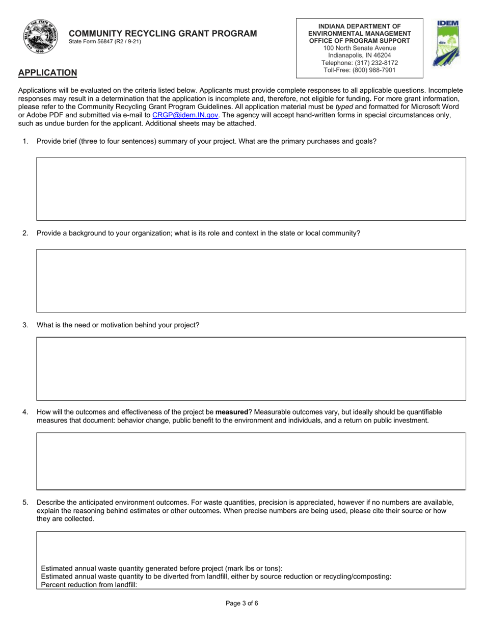 State Form 56847 Community Recycling Grant Program Application - Indiana, Page 3
