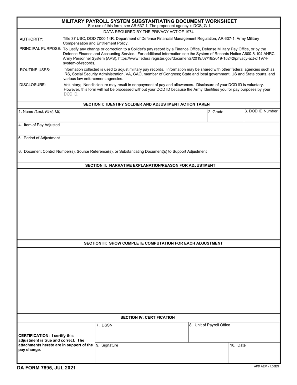 DA Form 7895 Military Payroll System Substantiating Document Worksheet, Page 1