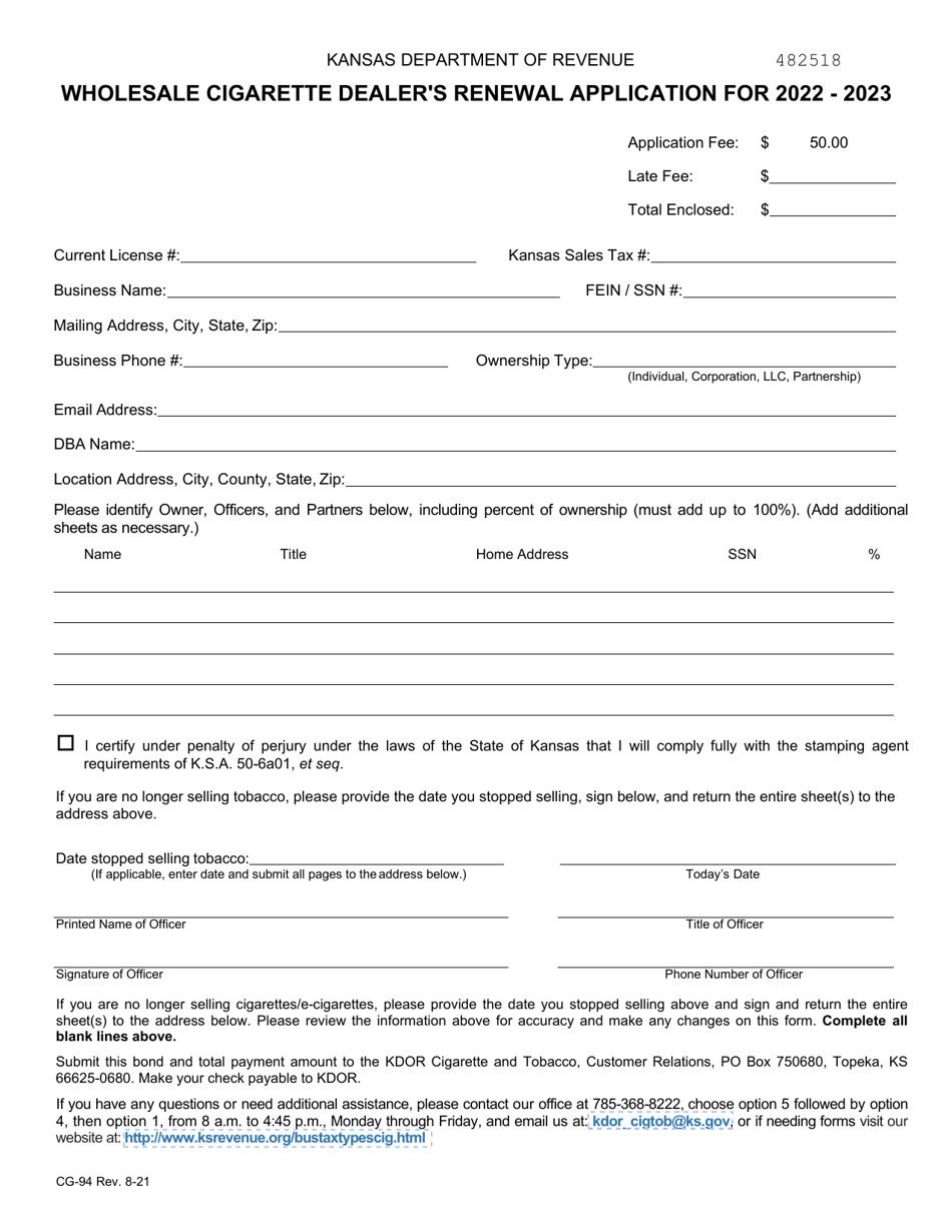 Form CG-94 Wholesale Cigarette Dealers Renewal Application - Kansas, Page 2