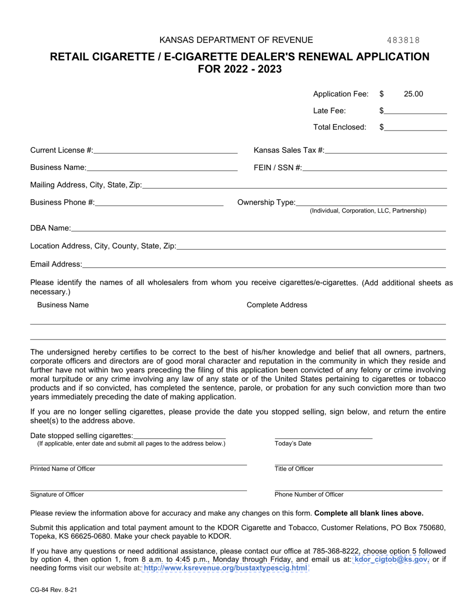 Form CG-84 Retail Cigarette / E-Cigarette Dealers Renewal Application - Kansas, Page 2