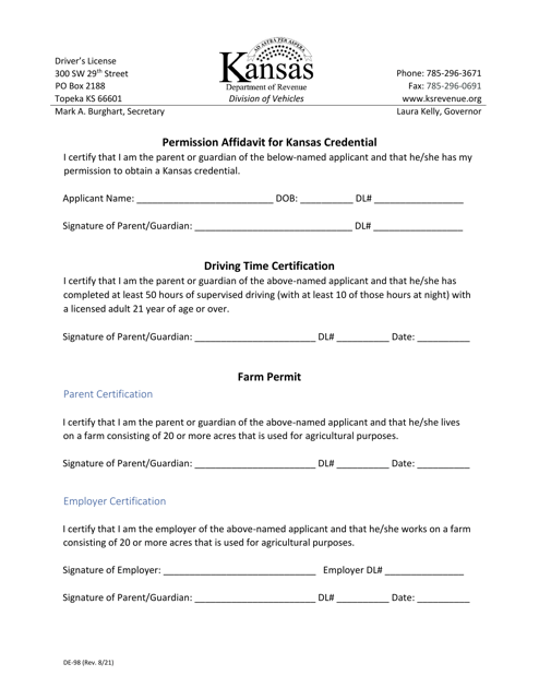 Form DE-98 Permission Affidavit for Kansas Credential - Kansas