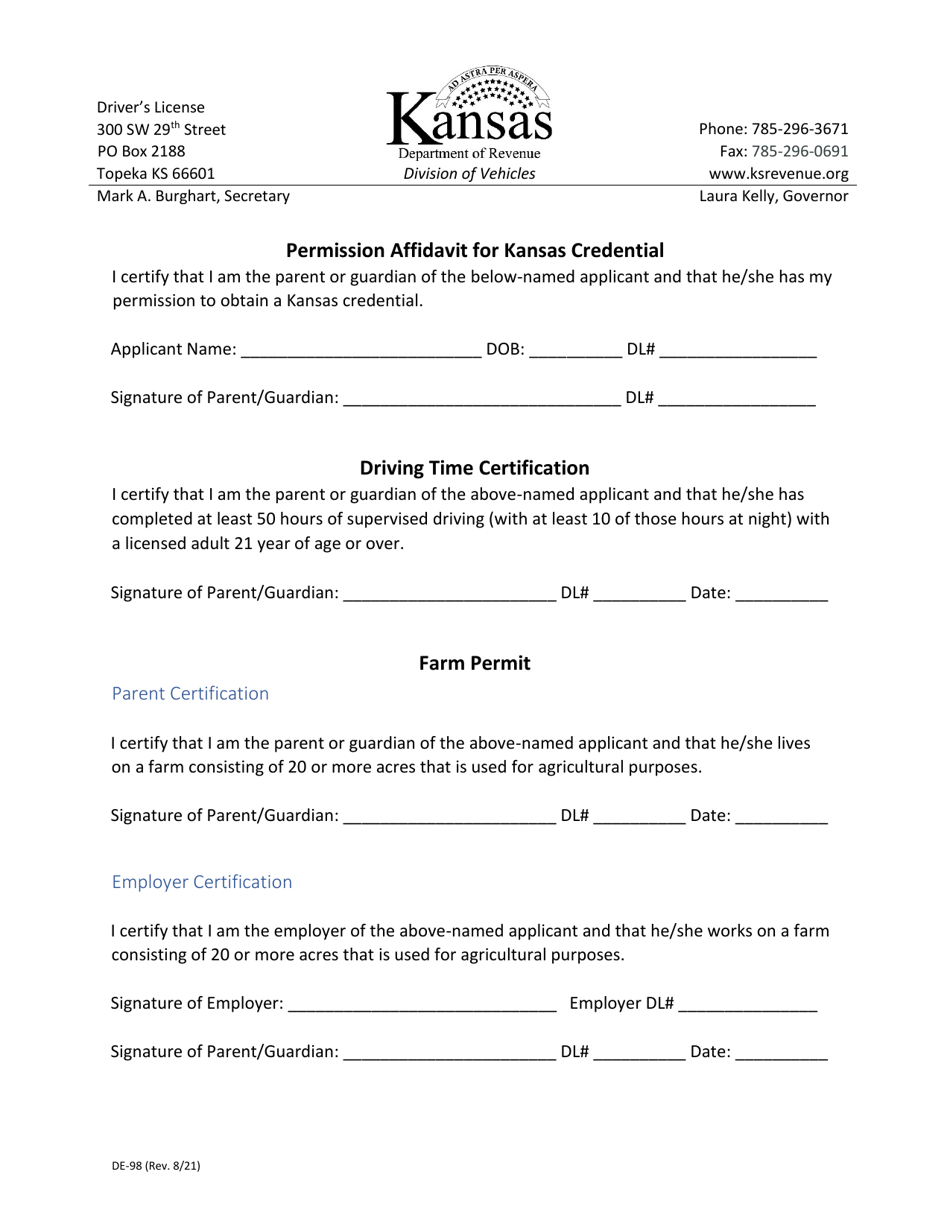 Form DE-98 Permission Affidavit for Kansas Credential - Kansas, Page 1