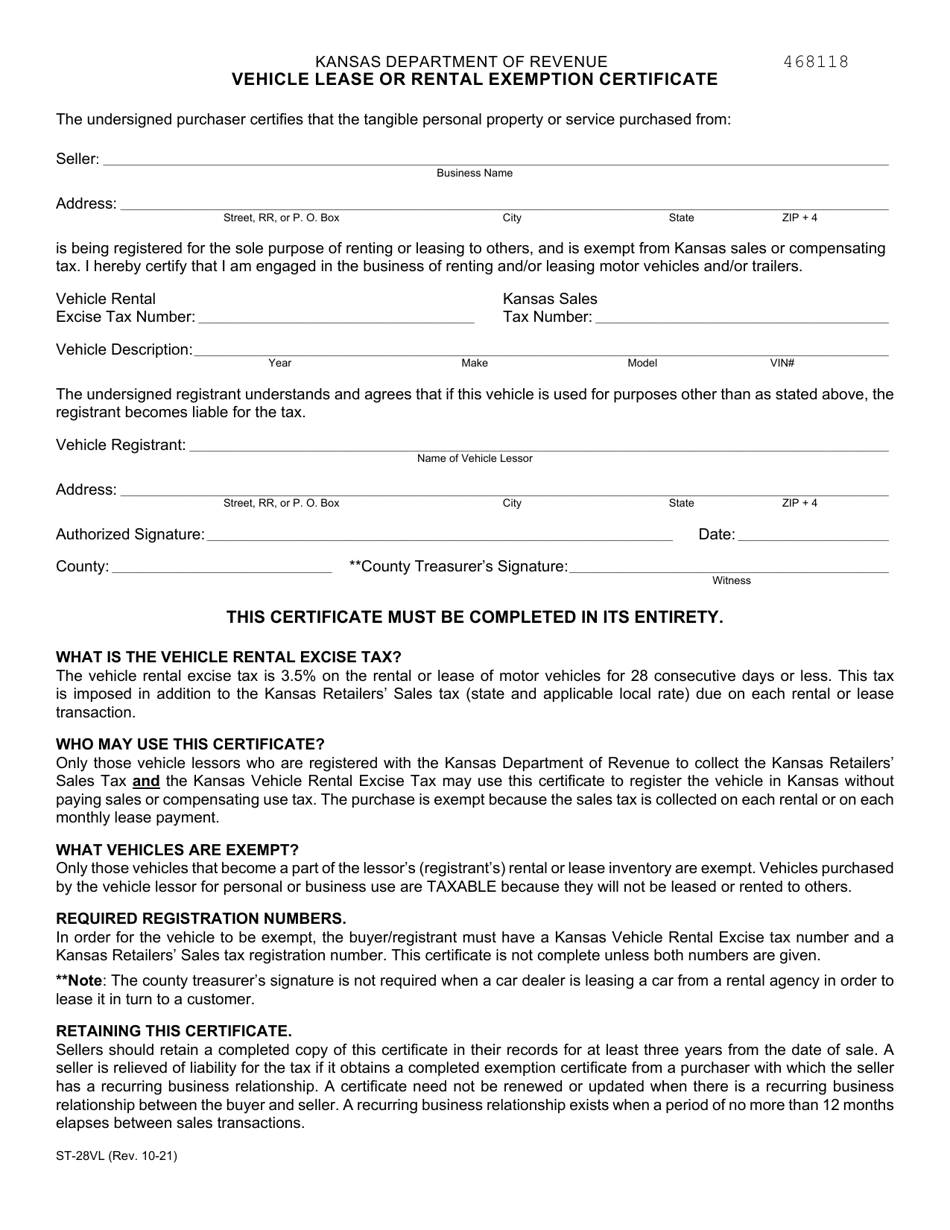 Form ST-28VL Vehicle Lease or Rental Exemption Certificate - Kansas, Page 1