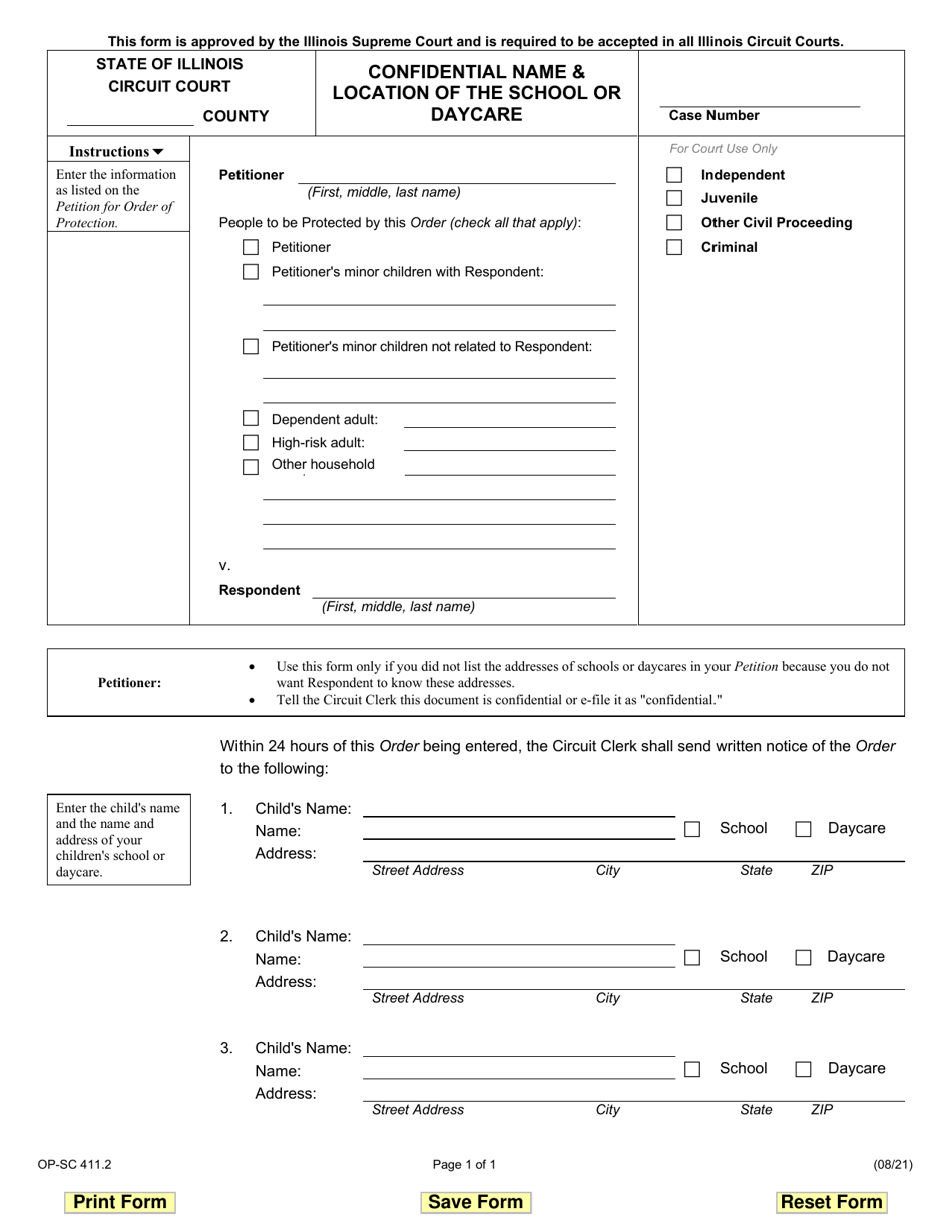 Form OP-SC411.2 Confidential Name  Location of the School or Daycare - Illinois, Page 1