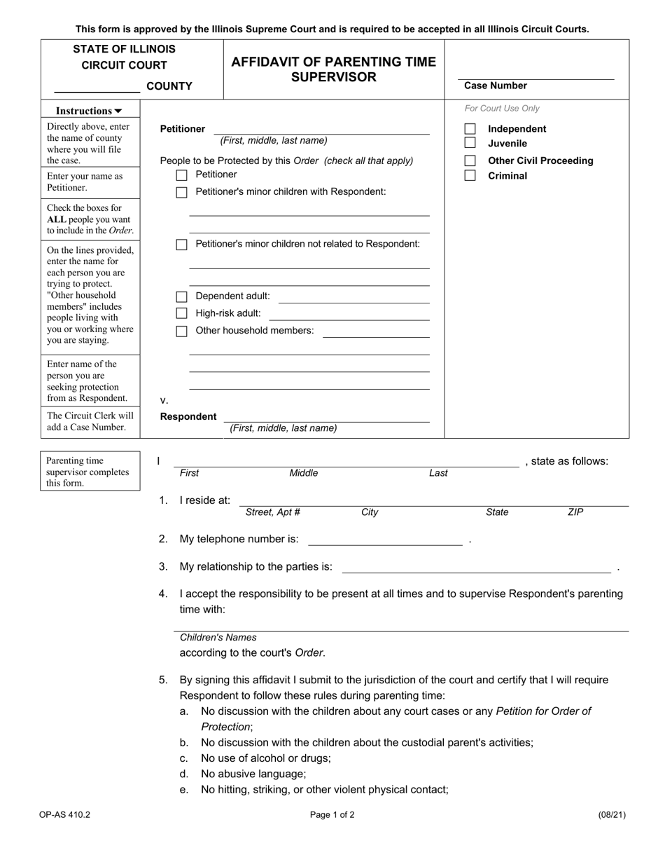 Form OP-AS410.2 Affidavit of Parenting Time Supervisor - Illinois, Page 1