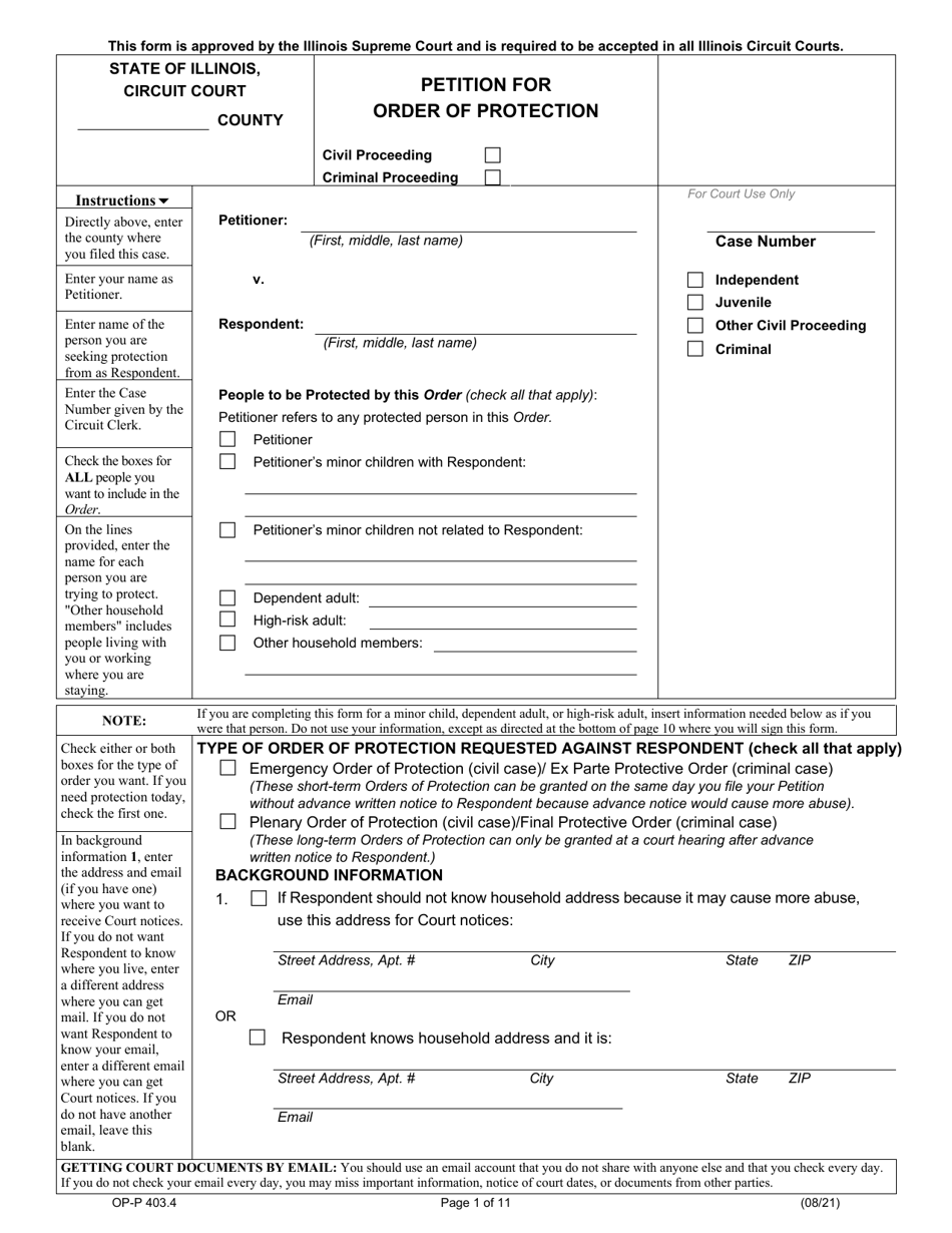 Form OP-P403.4 Petition for Order of Protection - Illinois, Page 1