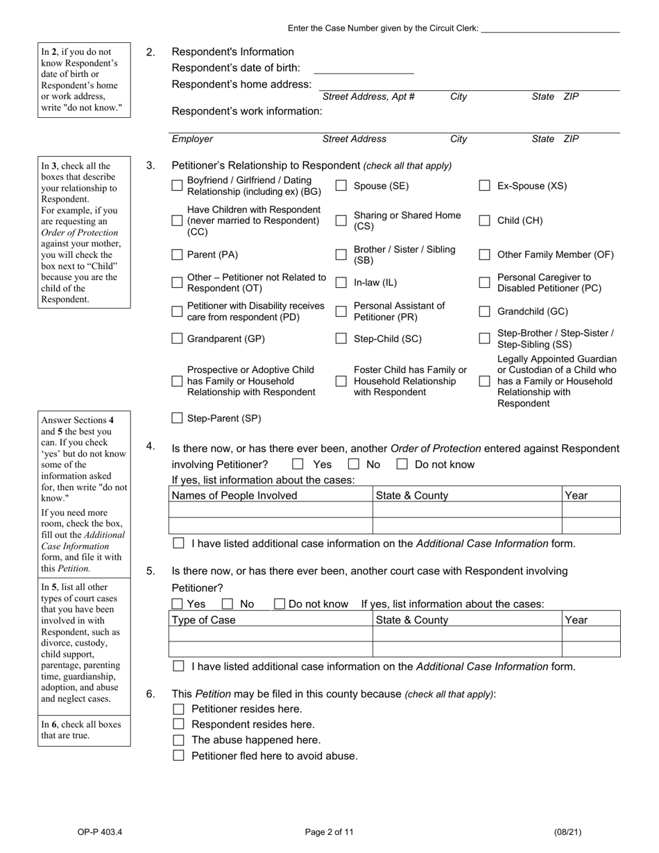 Form OP-P403.4 Petition for Order of Protection - Illinois, Page 2