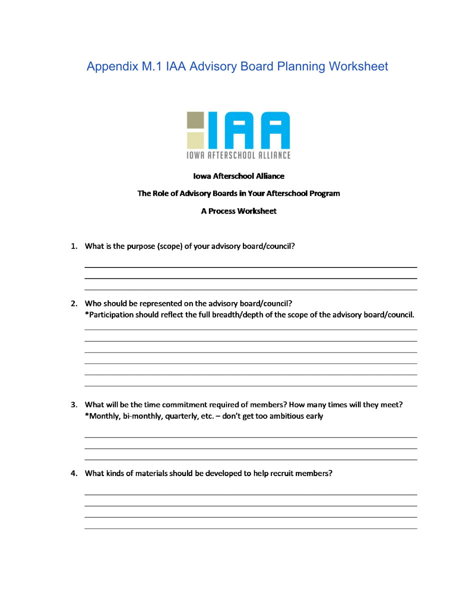 Appendix M.1 Iaa Advisory Board Planning Worksheet - Iowa, Page 1
