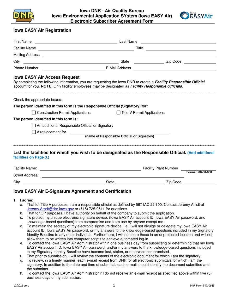 DNR Form 542-0985 Iowa Environmental Application System (Iowa Easy Air) Electronic Subscriber Agreement Form - Iowa, Page 1